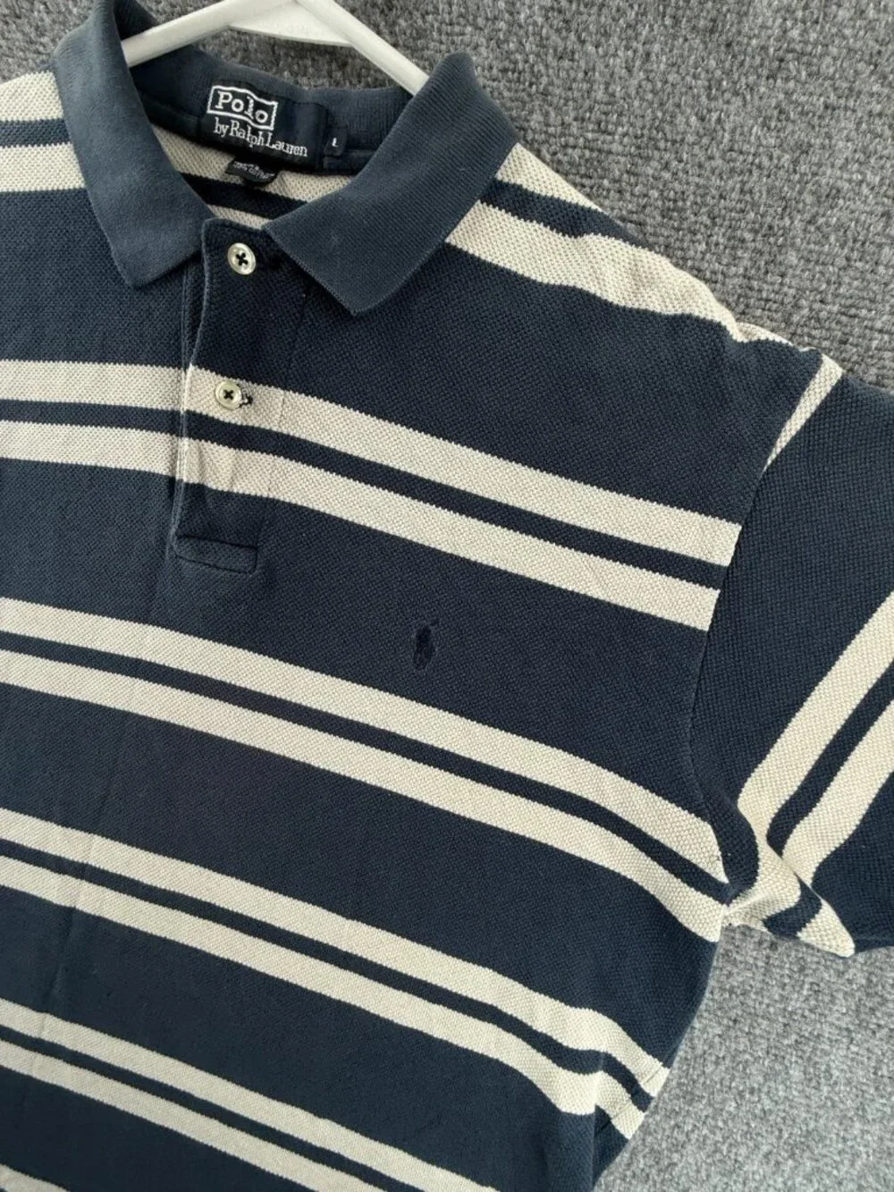 Polo Ralph Lauren Striped Blue White Short Sleeve Polo Shirt Men Cotton Mesh LG